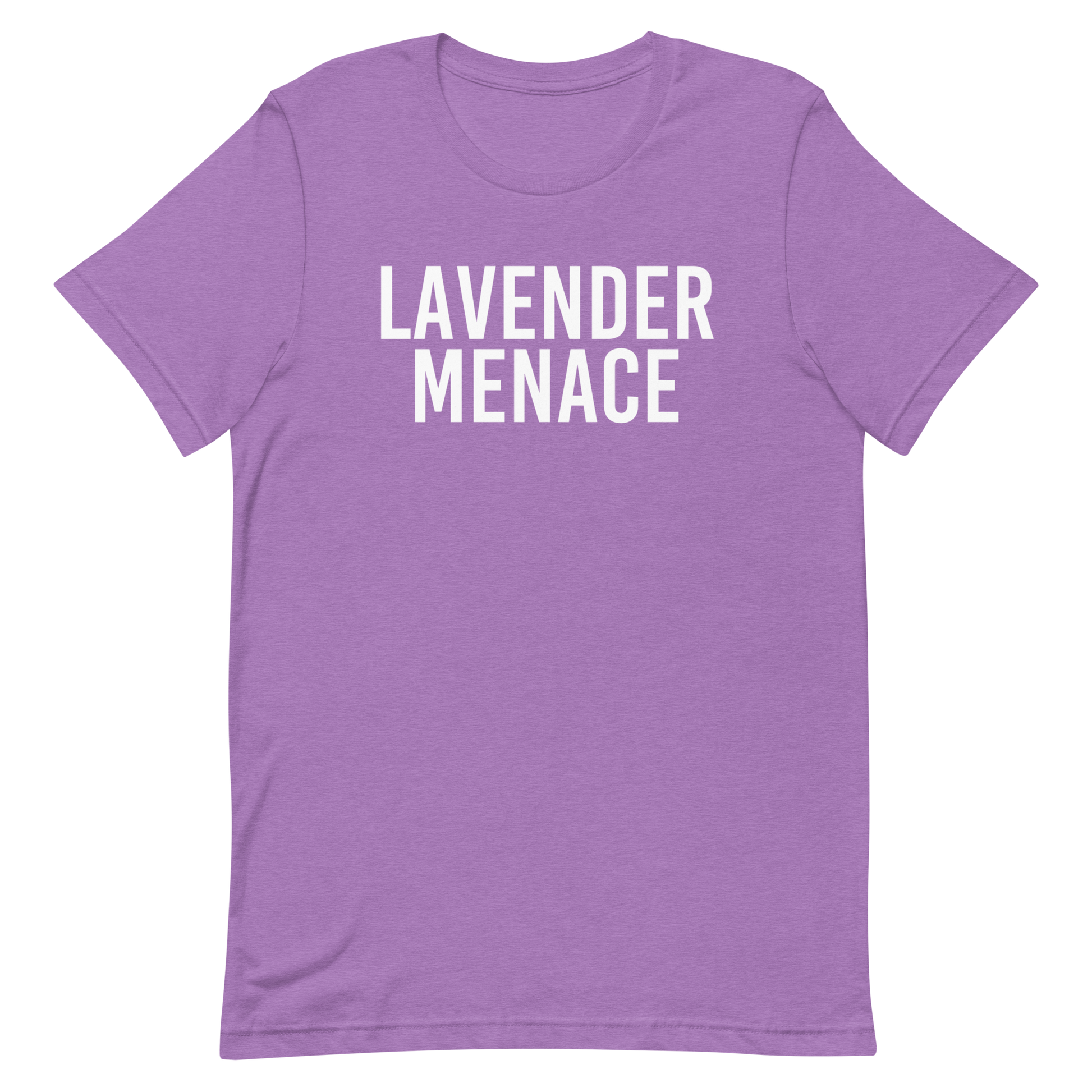 Purple t-shirt with bold, white all-caps text reading “LAVENDER MENACE.”