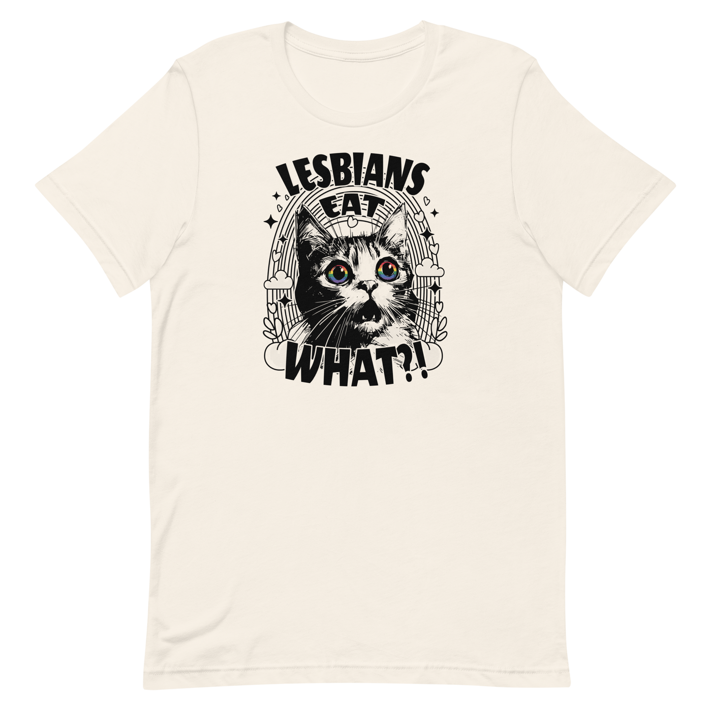 Vintage white t-shirt with a shocked cat illustration with rainbow eyes and the caption “Lesbians eat what?” in black text.