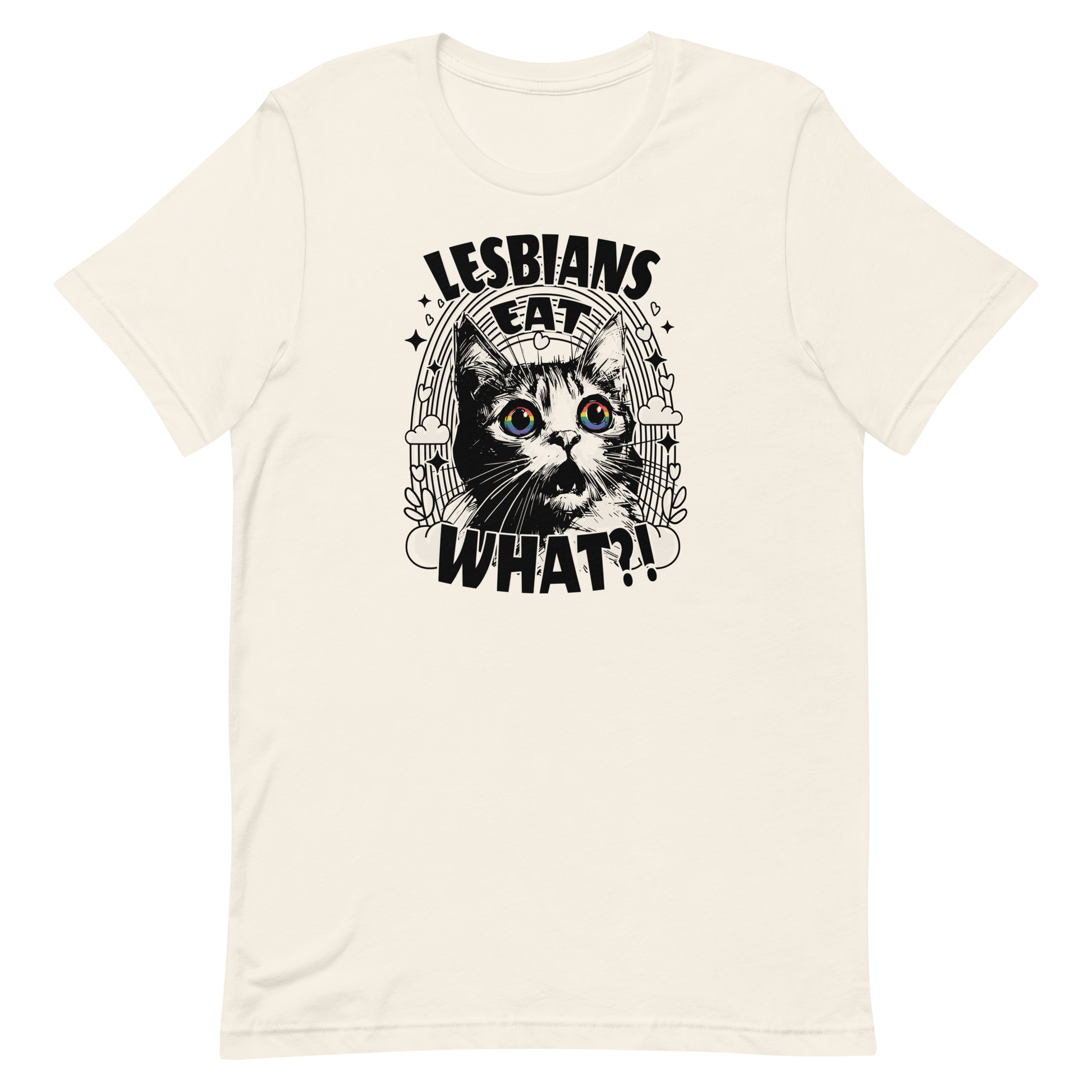 Vintage white t-shirt with a shocked cat illustration with rainbow eyes and the caption “Lesbians eat what?” in black text.