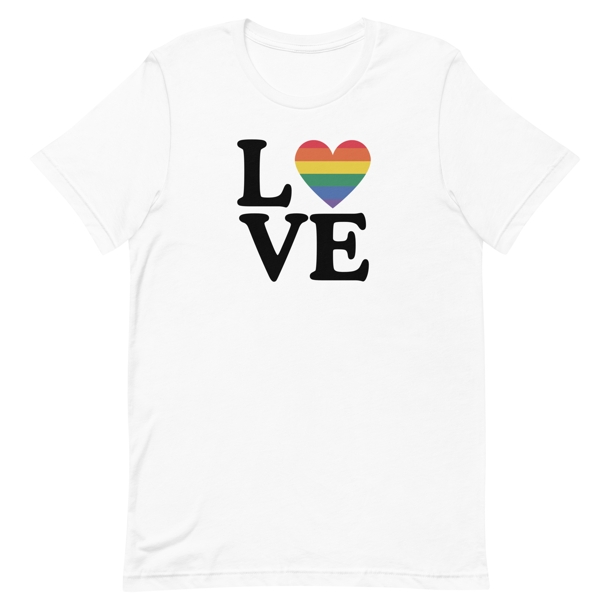White t-shirt with “LOVE” written in black all caps, stacked in two lines (“LO” on top, “VE” below), with the “O” shaped like a rainbow-coloured heart.