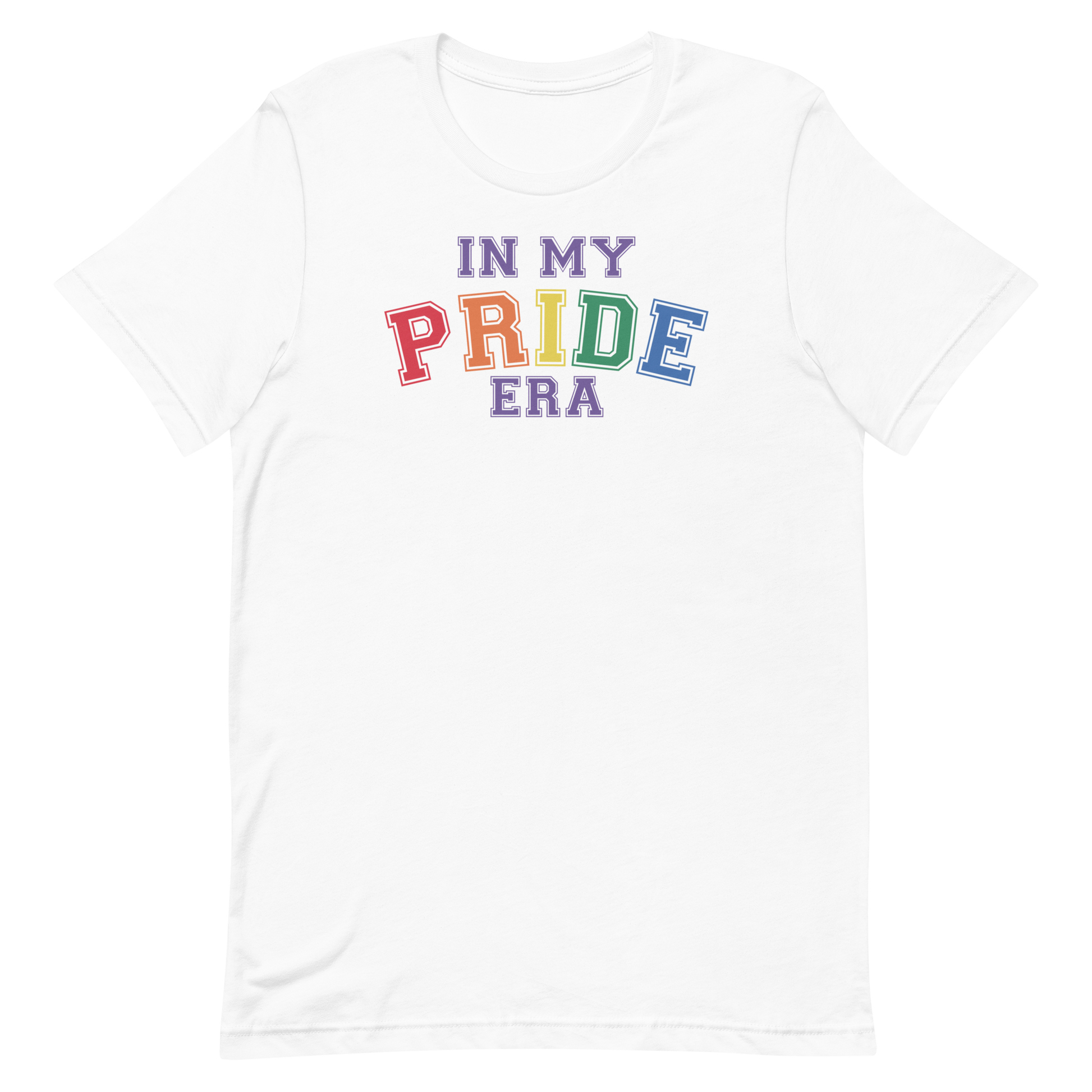 White t-shirt with collegiate-style text reading “IN MY PRIDE ERA,” where “IN MY ERA” is purple and “PRIDE” is in rainbow colors with each letter a different colour.
